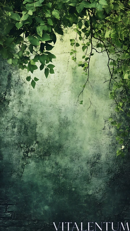 Weathered green wall framed by overhanging leafy vines.