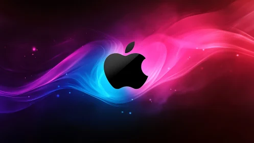 Glossy apple silhouette surfing neon cosmic lightwaves.