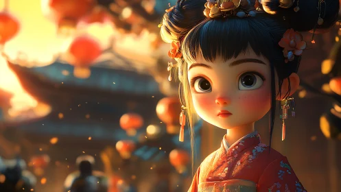 Lantern-lit festival girl gazes softly into golden evening