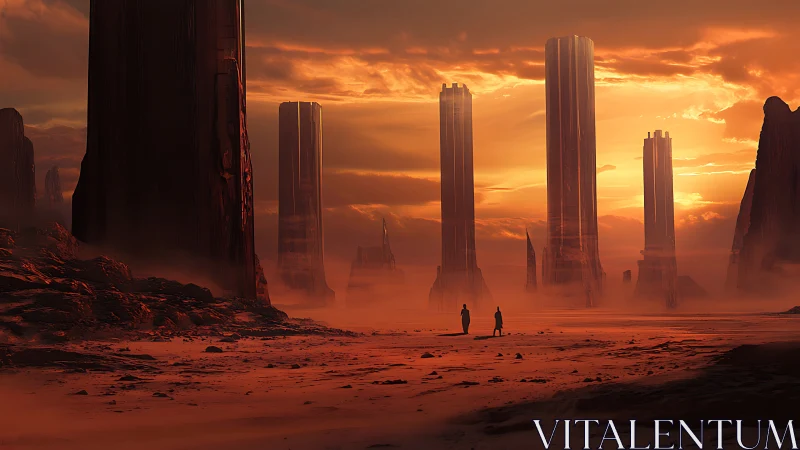 Colossal monolithic towers rise from misty alien desert plain