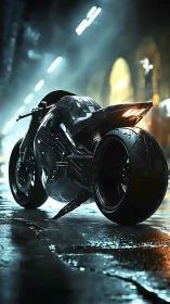 Futuristic black superbike under cinematic neon rainlight.