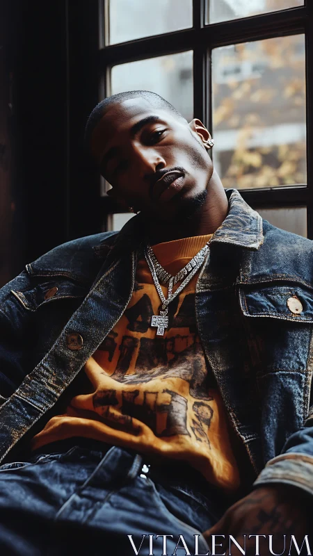 Moody urban portrait with denim layers and golden light.