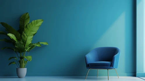 Teal interior with potted tropical plant and blue lounge chair
