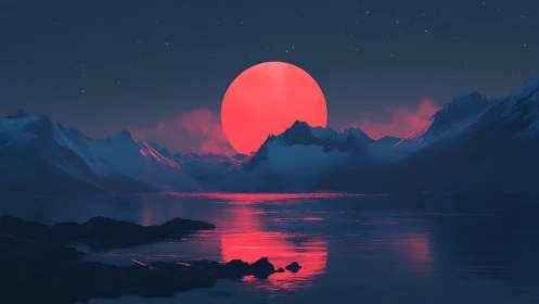 Crimson supermoon rises over icy mountains and silent fjord