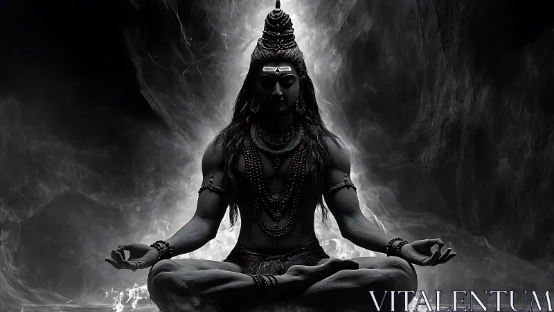 Monochrome meditative deity in high-contrast digital chiaroscuro.