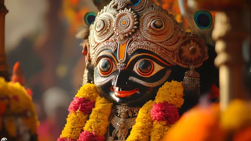Ornate Hindu deity idol framed with marigold garlands in bokeh light