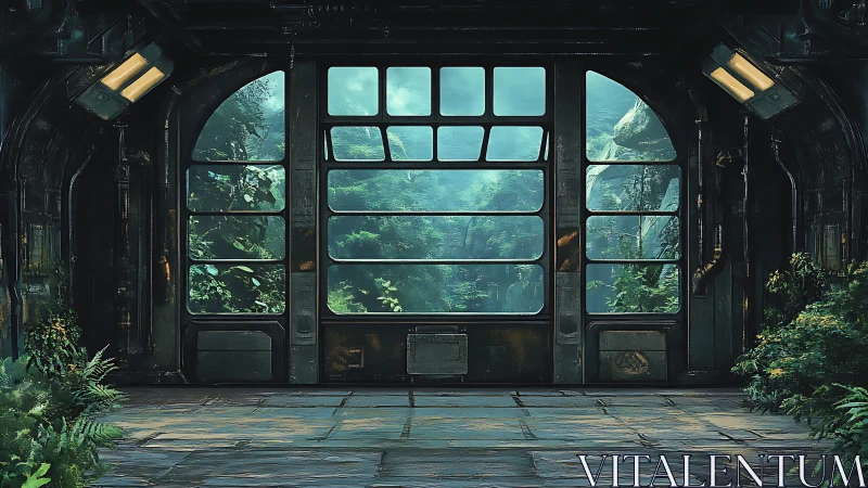 Industrial corridor window overlooking dense forest canopy.