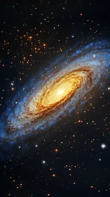 Spiral galaxy with bright yellow core and blue outer arms.