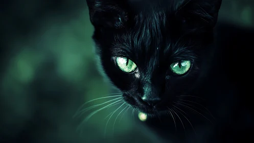 Black cat portrait shows sharp green reflective eyes