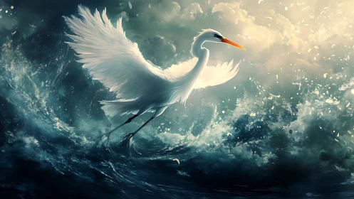 Stormlit white heron ascending above crashing ocean waves.