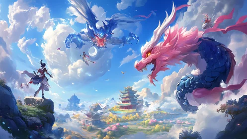 Sky dragons clash above a serene floating temple realm