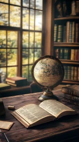 Vintage study desk with globe and open reference book.