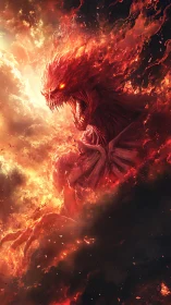 Fiery humanoid creature emerging within dense inferno clouds.