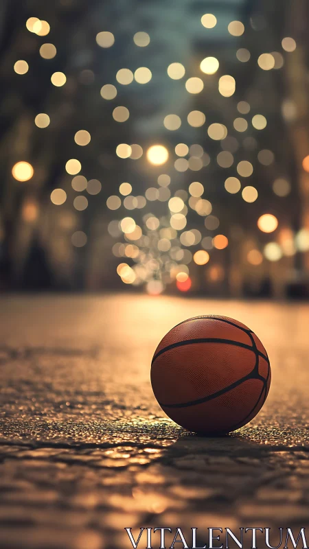 Street-lit basketball rendered with shallow depth and urban bokeh