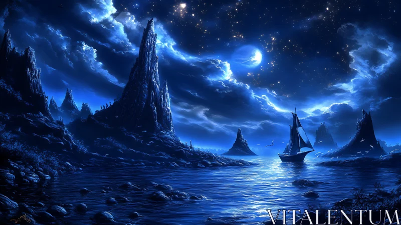 Moonlit seascape with rocky spires and solitary sailboat.