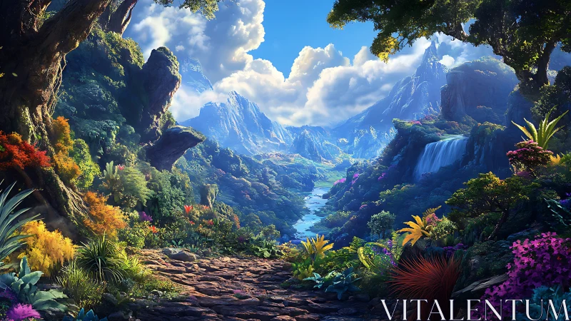 Luminous valley trail winding through dreambright mountainscape.