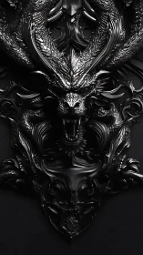 Majestic black dragon carving glowing with dark power.