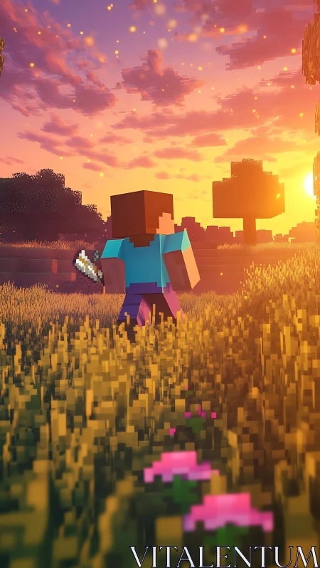 Pixelated adventurer walking into radiant voxel sunset.