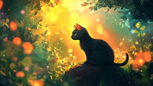 Black Cat Silhouette Surrounded by Luminous Autumn Glow