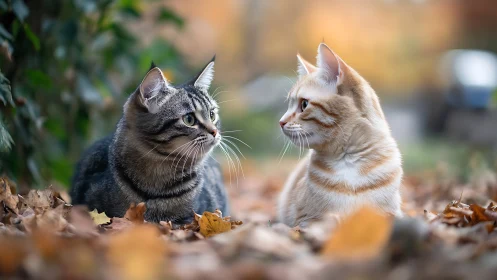 Two Kittens Meet Among Autumn Leaves in Warm Evening Light