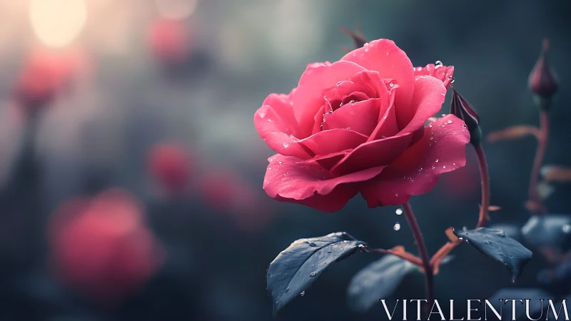 Dewdrop-Covered Pink Rose in Soft Garden Light.