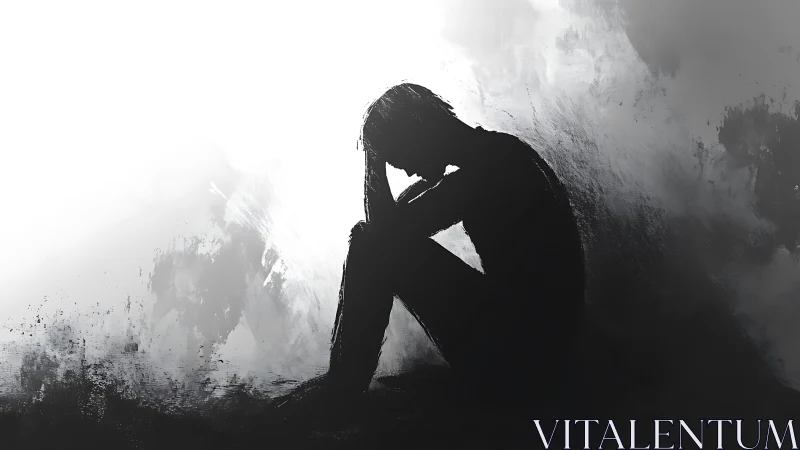 Silhouetted figure curls inward amid stark grayscale void.