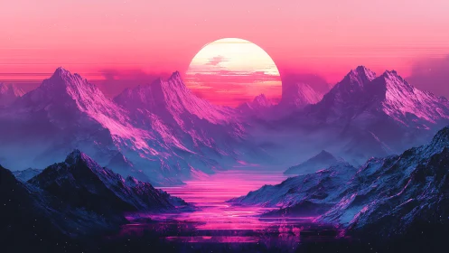 Neon dusk mountain vista in vaporwave digital painting style.