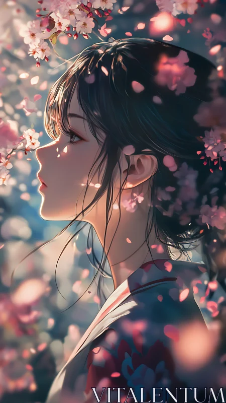 Profile view depicts female figure amid layered cherry blossoms