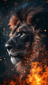 Pyrokinetic lion profile in high-contrast digital rendering.