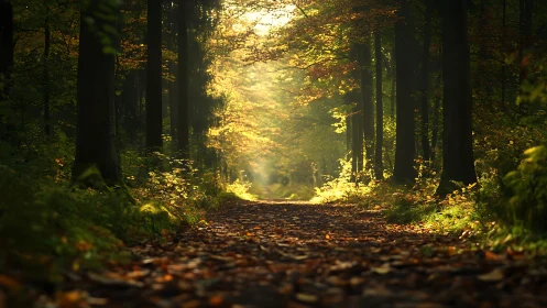 Sunlit Forest Path in Autumn, Tranquil and Atmospheric Scene.