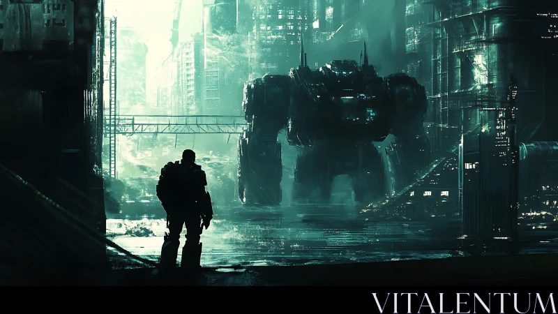 Midnight pilot confronts towering mech in neon rain