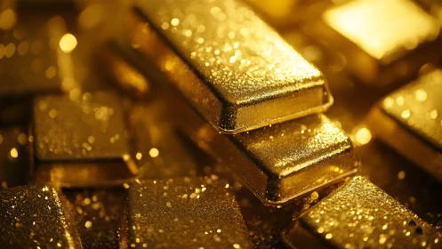 Macro study of stacked gold ingots with glittering bokeh field.
