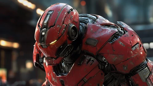 Battle-worn red combat exosuit rendered with hyperreal detail