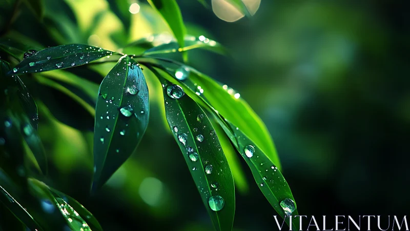 Rain-kissed emerald leaves holding tiny glassy worlds.