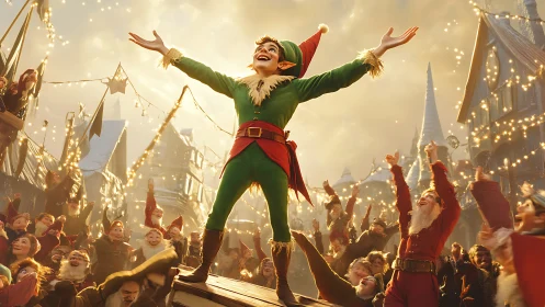 Festive elf leader celebrates amid glowing winter village.