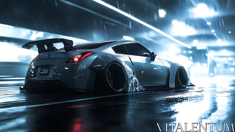 Widebody drift car under neon rain soaked city lights.