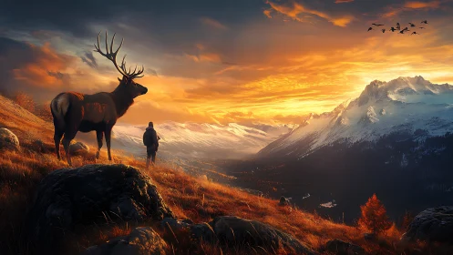 Elk and lone hiker overlook snowy mountains at sunset.