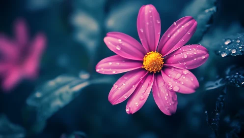 Rain-kissed magenta daisy glowing in a midnight garden.