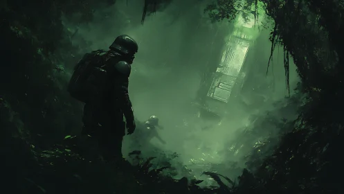 Explorers Discover a Mysterious Door in the Green Gloom.