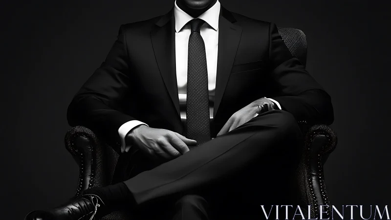 Midnight power suit in a velvet throne of shadows.