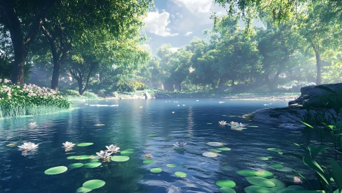 Tranquil forest pond with gentle lilies and soft morning light.