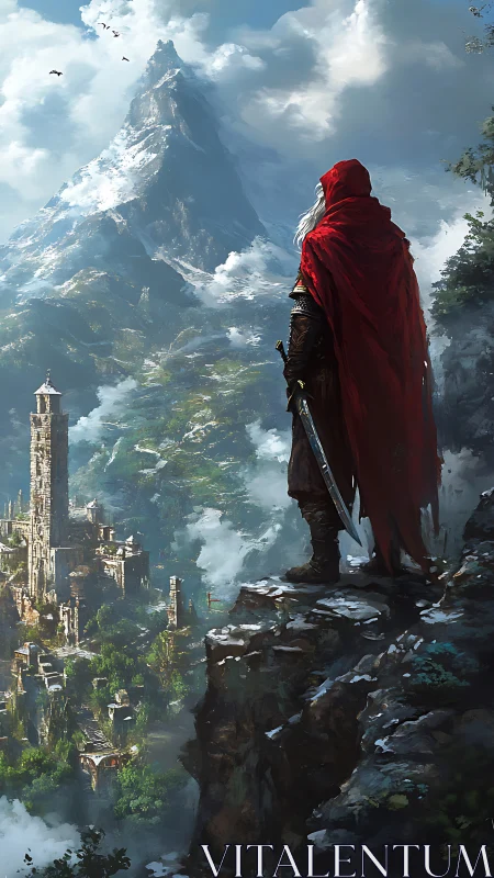 Cloaked swordsman overlooking misted alpine citadel valley
