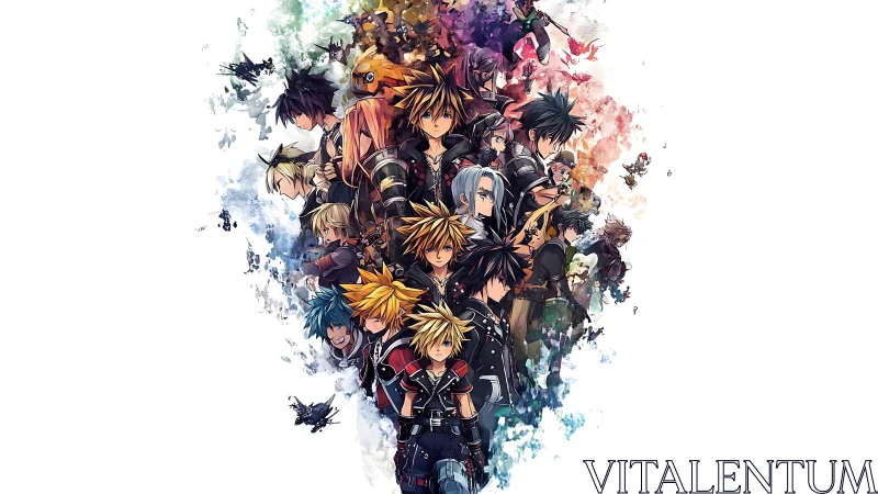 Crowded anime heroes form vertical splash of color