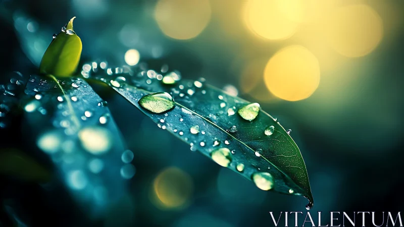 Macro study of dewdrops on leaf under cinematic bokeh light