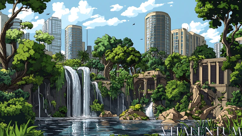 Urban waterfalls welcome nature into a calm, modern city haven