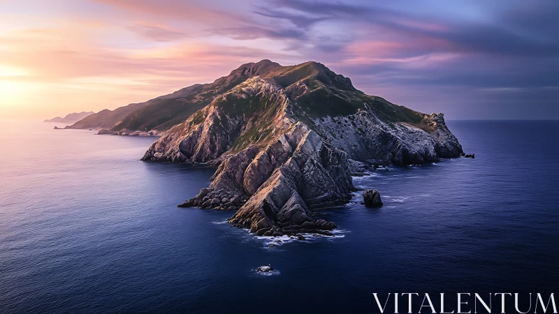 Rocky island formations at sunset with illuminated peaks