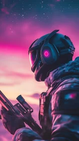 Neon dusk ranger scanning the cosmos in quiet vigilance.