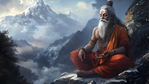 Mountain ascetic seated on rocky ledge in orange robes.