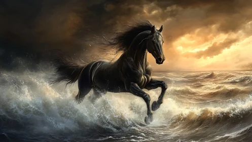 Black horse moving through rough ocean waves at sunset.