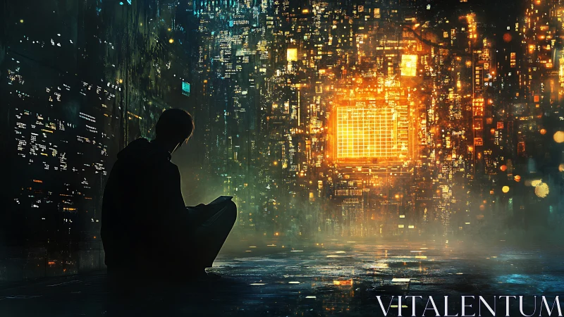 Person sits before glowing digital circuit wall grid at night